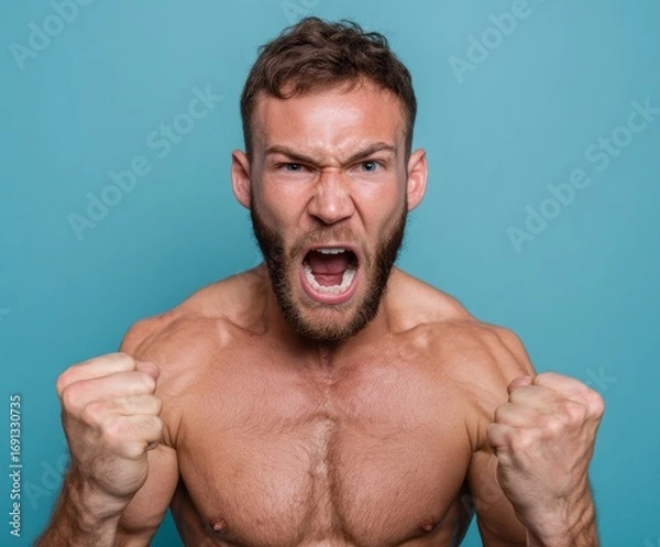 Fototapeta A muscular man with a strong, angry expression, fists clenched, against a plain backdrop.