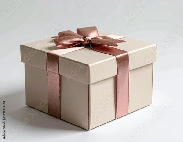 Obraz Elegant Gift Box with Rose Gold Ribbon on White Background Studio Shot