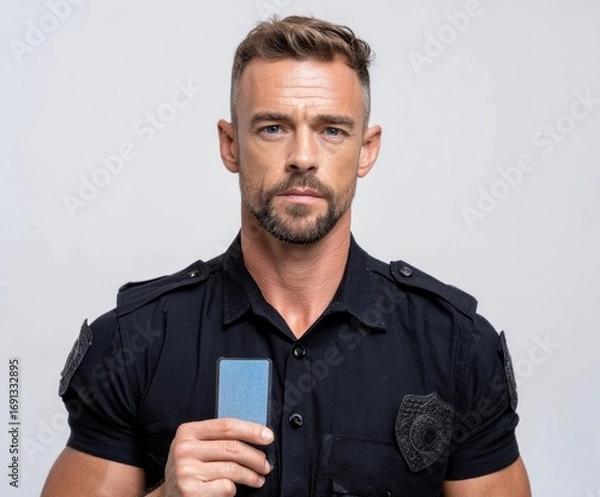 Fototapeta Serious law enforcement officer in black uniform holds an identification card against a plain background.