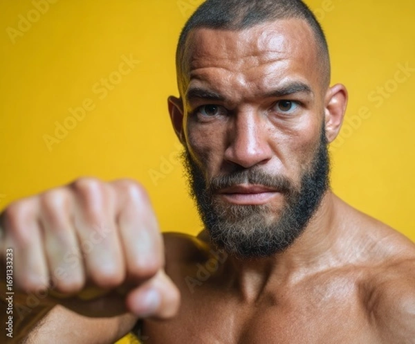 Fototapeta Close-up portrait of a muscular man, intensely focused,  with a clenched fist, set against a bright yellow background.