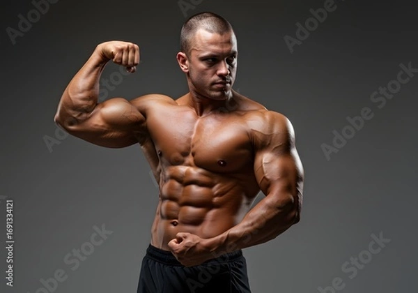 Fototapeta Bodybuilder Flexing Muscles Fitness Model with Defined Abs and Biceps, Strength Training.