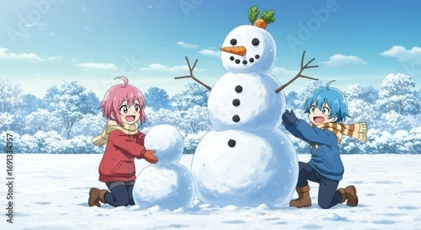 Fototapeta Two happy anime kids building a snowman in a snowy winter wonderland with a bright blue sky and fluffy white clouds overhead