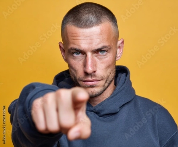 Fototapeta Close-up portrait of a man in a dark blue hoodie, pointing directly at the viewer, against a bright yellow background.