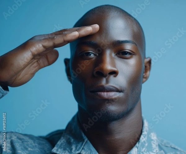 Fototapeta Close-up portrait of a man in military uniform saluting against a vivid light-blue backdrop, showcasing a serious and respectful expression.