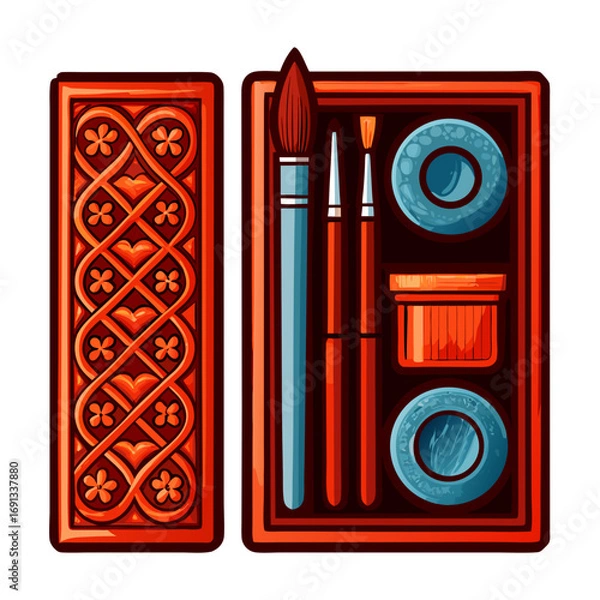 Obraz Chinese calligraphy tools set icon. Paint set with brushes and colors in a wooden box izolated  