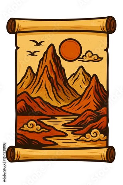 Obraz Chinese mountain landscape scroll icon. Illustrated mountain landscape on scroll with sun and river izolated