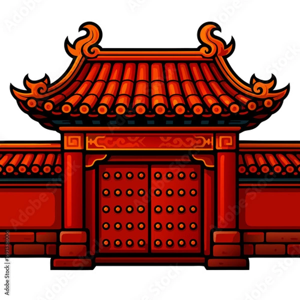 Obraz Chinese forbidden city gate icon. Traditional Chinese gate with ornate red roof design. Ornate gate of temple izolated