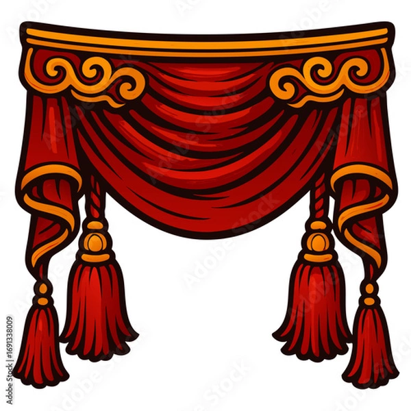 Obraz Chinese red curtain with tassels. Decorative red curtain with ornate draping and tassels izolated   