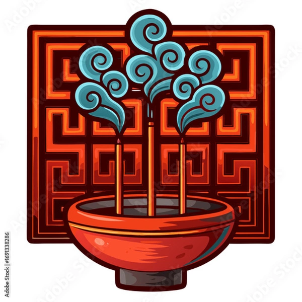 Obraz Temple incense smoke. Traditional incense burner with smoke on decorative backgrou izolated