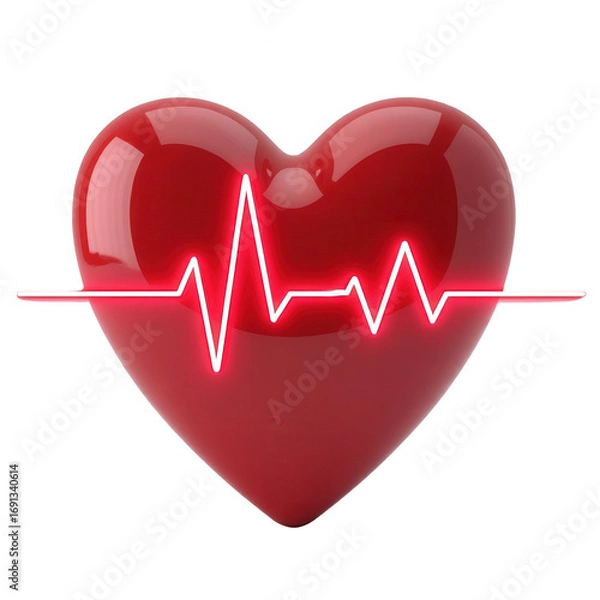 Fototapeta A glossy, vibrant red heart displays a glowing, bright red electrocardiogram line, signifying a healthy pulse against a stark black background.