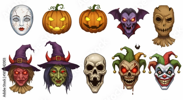 Obraz Collection of spooky Halloween masks and faces, including pumpkins, vampire, scarecrow, witches, skull, and evil clowns.