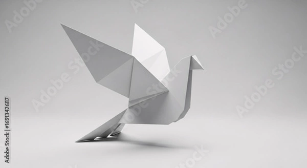 Fototapeta Elegant white origami dove symbolizing peace and hope takes flight in minimalist studio setting