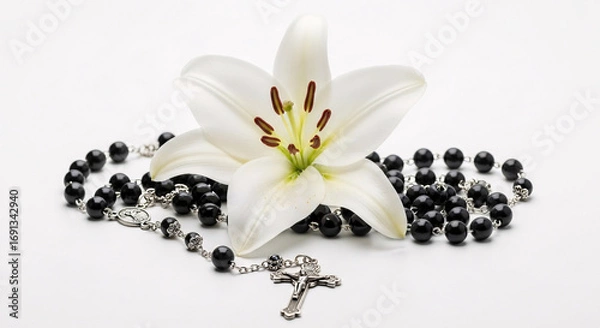 Fototapeta Serene white lily rests with elegant black rosary beads, symbolizing peace and remembrance
