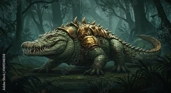 Fototapeta A formidable armored fantasy crocodile stalks through the misty, dark depths of an enchanted jungle swamp