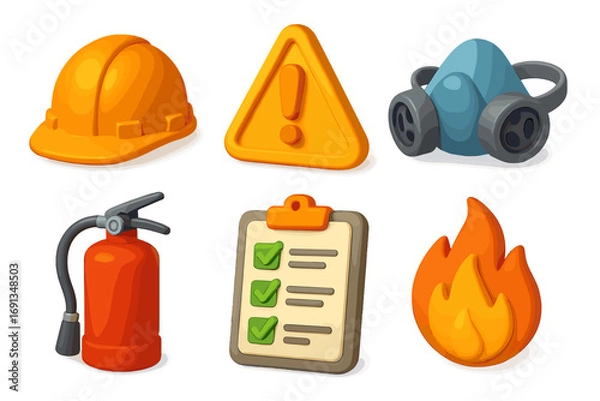Fototapeta 3D safety icon set for workplace safety and fire protection. Emergency concepts. Realistic vector cartoon collection with hard hat, warning sign, respirator, extinguisher, list.
