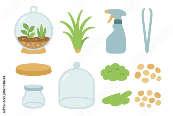 Fototapeta Colorful Terrarium Essentials. Flat vector mini-illustrations Terrarium showcase in colors children's illustrations: glass globe
