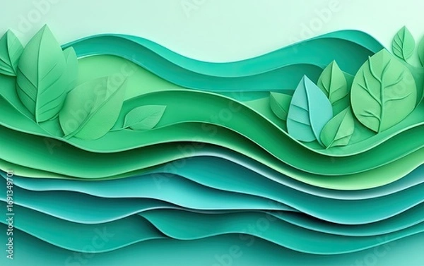 Fototapeta Abstract Green Wavy Layers With Leaves