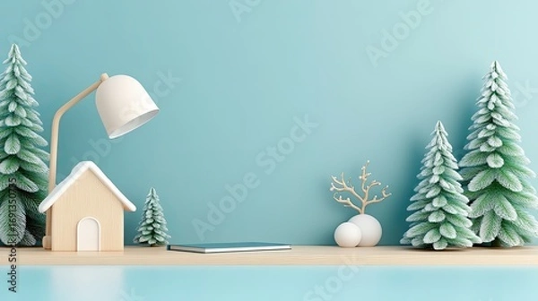 Fototapeta Winter Scene with Trees House Lamp and Book