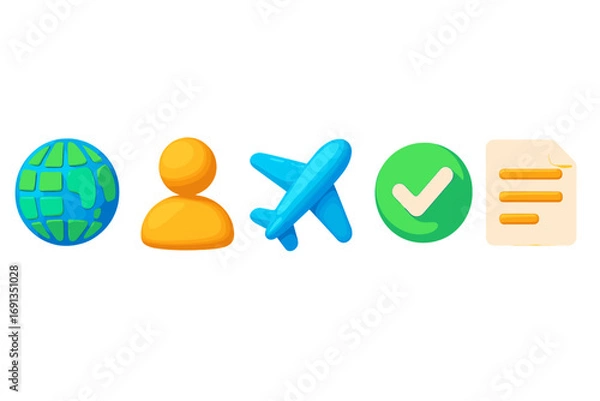 Fototapeta 3d icon set with globe, user profile, airplane, checkmark, document. Vector cartoon illustration for web design, ui, ux. Global travel, booking, and user verification concept.