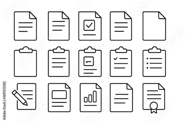 Obraz Pack of various document and clipboard thin line icons, editable stroke vector set for web, books, cards, apps, office, checklist, report, certificate, and writing tools