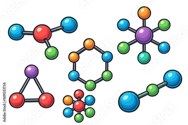 Fototapeta Set of colorful molecular structures. Atom models for science, chemistry, and physics education. Chemical compound icons. Vector illustration of atomic bonds and connections.