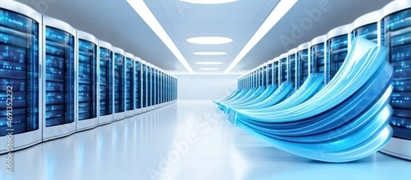 Fototapeta Data Center Servers And Abstract Blue Data Flow