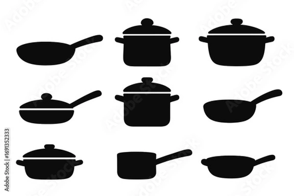 Fototapeta Set of silhouette cooking pans and pots icons, kitchen cookware vector illustration, black kitchen utensils collection, pots with lids, frying pans, saucepan set, culinary tools collection vector art