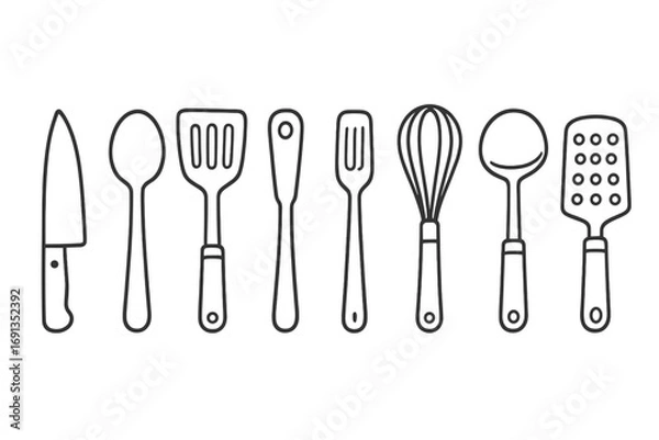 Fototapeta Kitchen utensils outline vector icon set. Cooking tools collection with knife, spoon, fork, spatula, ladle, whisk. Simple linear symbols for culinary design or a restaurant menu.