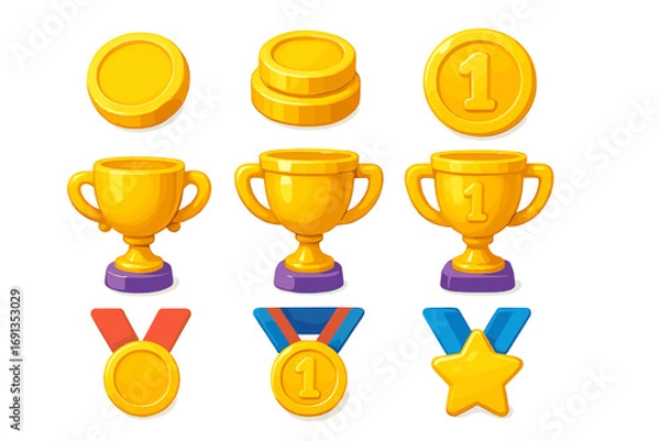 Fototapeta Gold trophy cup, medal, and coin award icon set for game UI. First place winner prize and achievement rewards. Vector cartoon illustration for competition or app design.