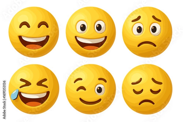 Fototapeta 3D yellow emoji set with various character expressions. Cartoon emoticon face collection showing happy, sad, laughing, crying with joy tears and wink emotions. Vector icon pack.