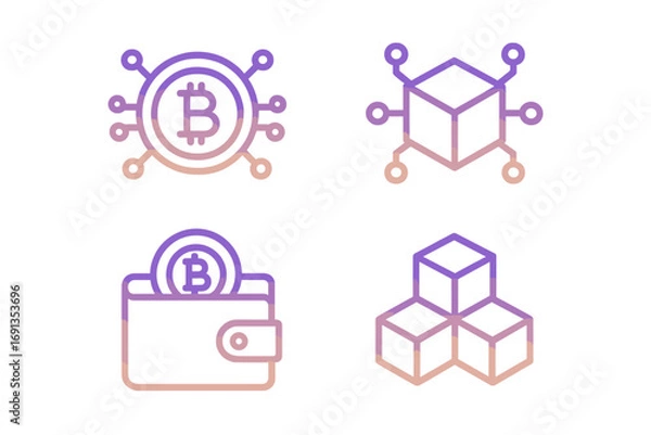 Fototapeta Gradient cryptocurrency blockchain icons set. Modern minimalist vector symbols of bitcoin, crypto wallet, and decentralized network blocks. Digital finance technology concept.