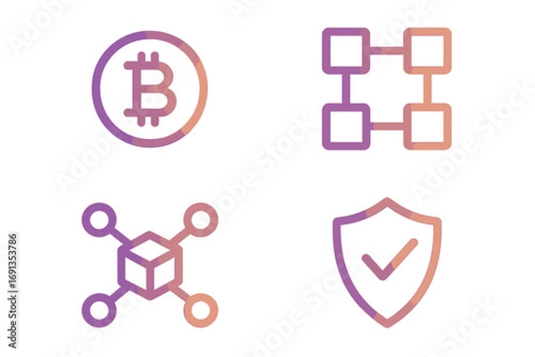Fototapeta Set of gradient crypto and blockchain icons. Minimalist vector symbols for bitcoin, decentralized network, fintech, and secure transaction. Digital currency illustration.