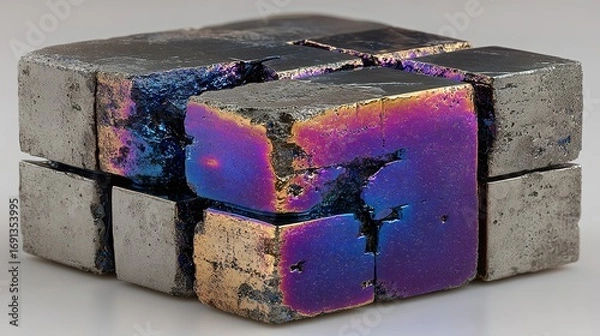Fototapeta Cube made of smaller cubes with iridescent coating on some surfaces.