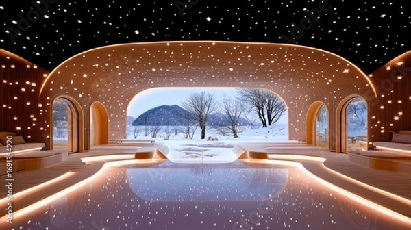 Fototapeta Serene Indoor Pool With Starry Ceiling And Winter View