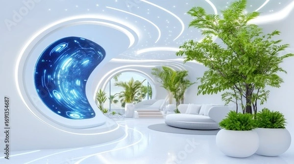 Fototapeta Futuristic Lounge With Blue Digital Display And Greenery