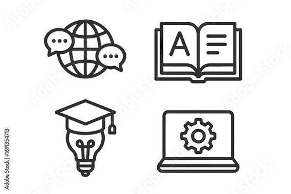 Fototapeta Minimalist vector icon set of language learning and technology tools with globe chat, open book, graduation cap lightbulb, and laptop gear on transparent background
