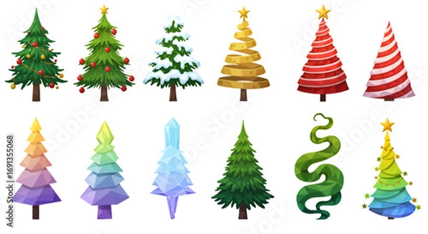 Obraz A collection of stylized Christmas trees in various colors and designs.