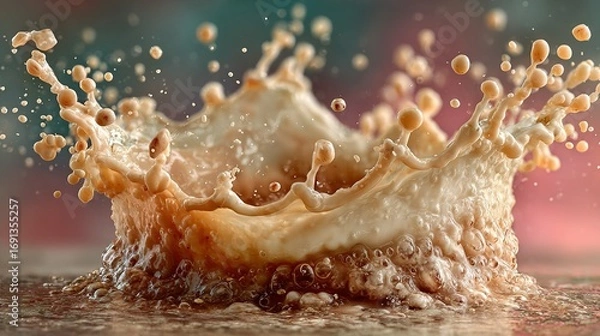Fototapeta Liquid splash forms a crown shape with droplets against a blurred background.