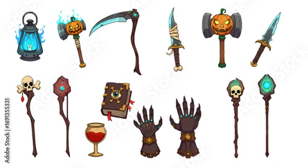 Obraz A collection of cartoon fantasy weapons, magical items, and spooky accessories.