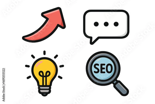 Fototapeta Digital marketing icon set. SEO, idea, communication, growth. Vector cartoon illustration. Business strategy concept. Web development symbols. Startup success elements.