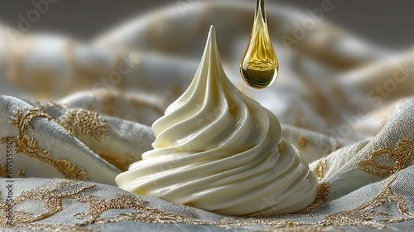 Fototapeta Cream swirl with oil drop on textured background.