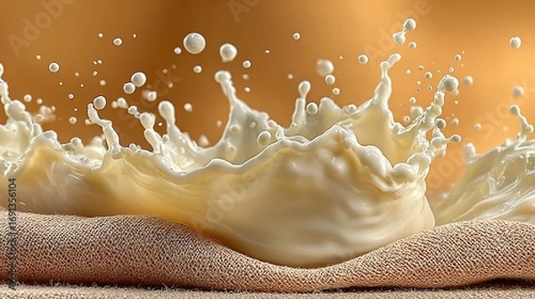 Fototapeta Liquid splash with droplets on textured surface against a blurred background.