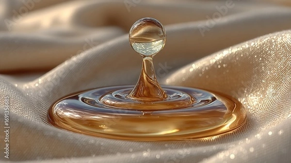 Fototapeta Water droplet impact on liquid surface creating ripples on fabric background.
