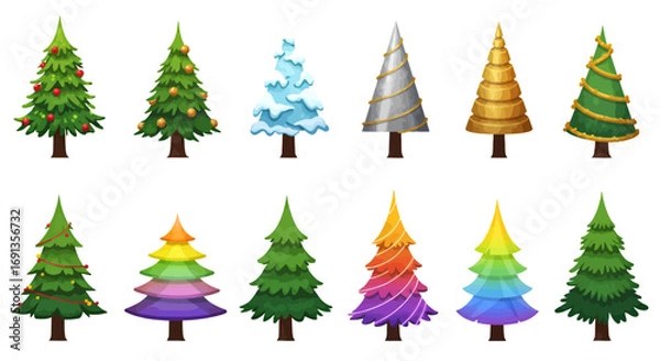 Obraz A collection of twelve different cartoon Christmas trees in various styles and colors.