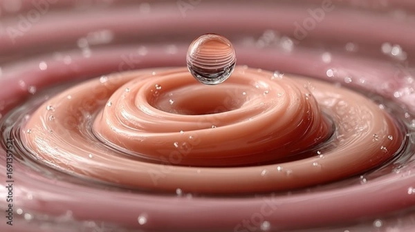 Fototapeta Water droplet impacts a pink liquid surface creating ripples and small splashes.