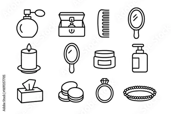 Fototapeta Dressing Table Icons. Outline icon set of dressing table items: perfume bottle, jewelry box, comb, hairbrush, candle, hand mirror,