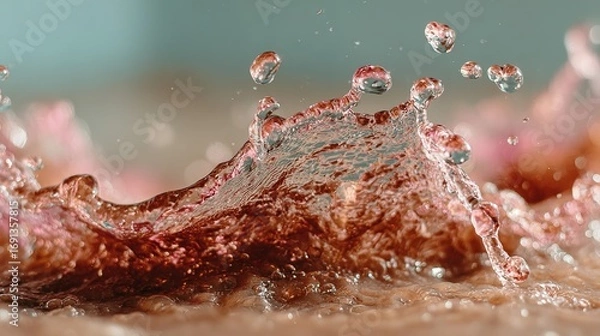 Fototapeta Splashing liquid with reddish hue and water droplets against a light background.
