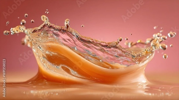 Fototapeta Liquid splash with droplets against a reddish background.
