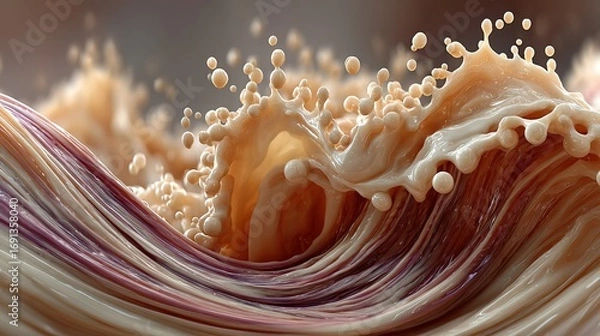 Fototapeta Abstract liquid splash with wavy texture and droplets in beige and purple hues.