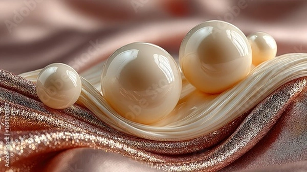 Fototapeta Three pearls sit on a shiny pale pink fabric with soft folds.